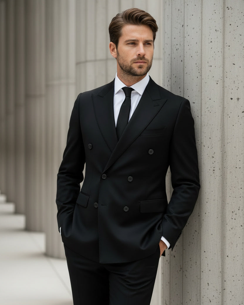 Abito Uomo Doppiopetto Vestito Viscosa Completo Giacca Pantaloni Nero AE1065A