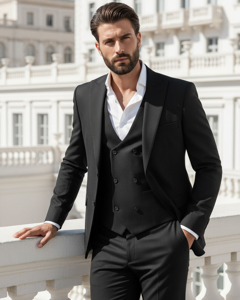 Abito Uomo Monopetto Vestito 3 Pezzi Completo Panciotto Nero AE1067A