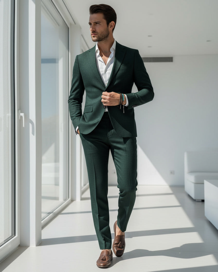 Abito Uomo Monopetto Vestito Viscosa Completo Giacca Pantaloni Verde Scuro Melangiato AE1091A