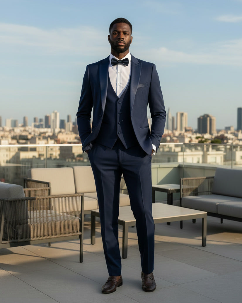 Abito Uomo Monopetto Vestito 3 Pezzi Completo Panciotto Smoking Raso Blu AE1099A