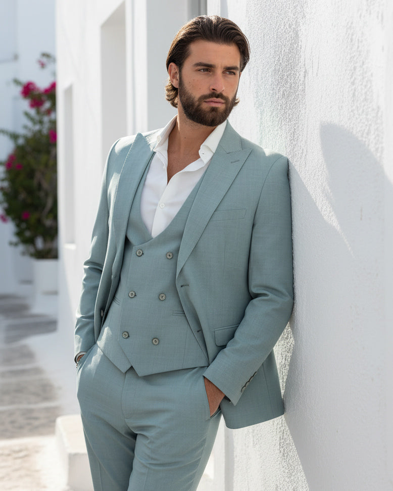 Abito Uomo Monopetto Vestito 3 Pezzi Completo Panciotto Verde Acqua Melangiato AE1114A