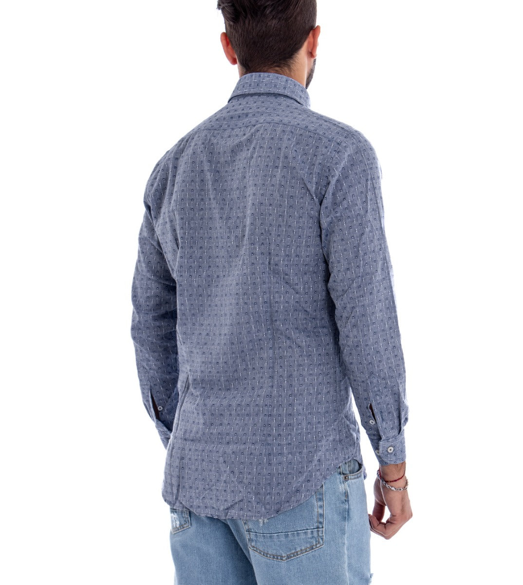 Camicia Uomo Con Colletto Manica Lunga Slim Fit Casual Cotone Fantasia Pois Blu GIOSAL-C1468A