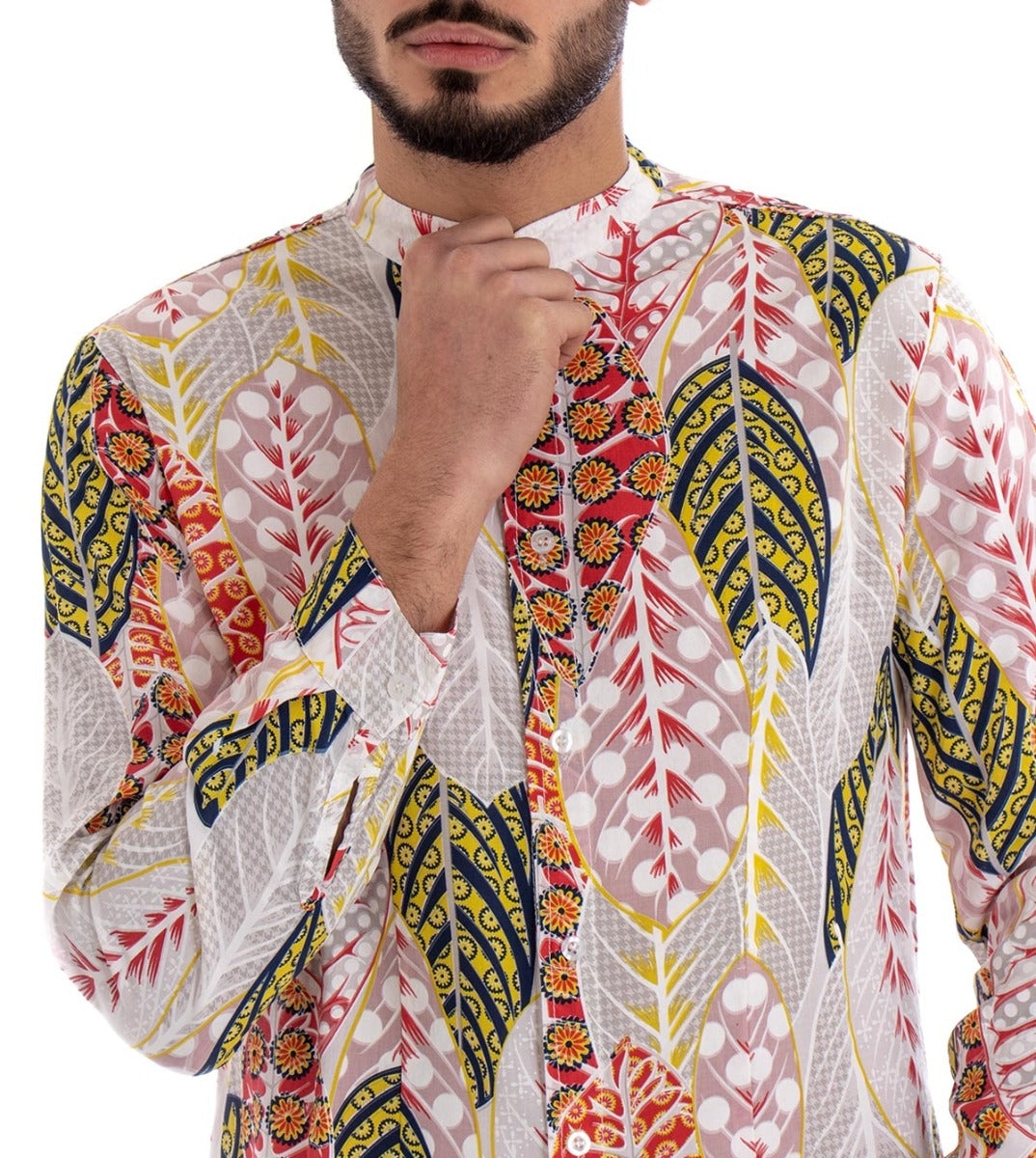 Camicia Uomo Collo Coreano Manica Lunga Casual Cotone Viscosa Floreale Bianco GIOSAL-C1517A