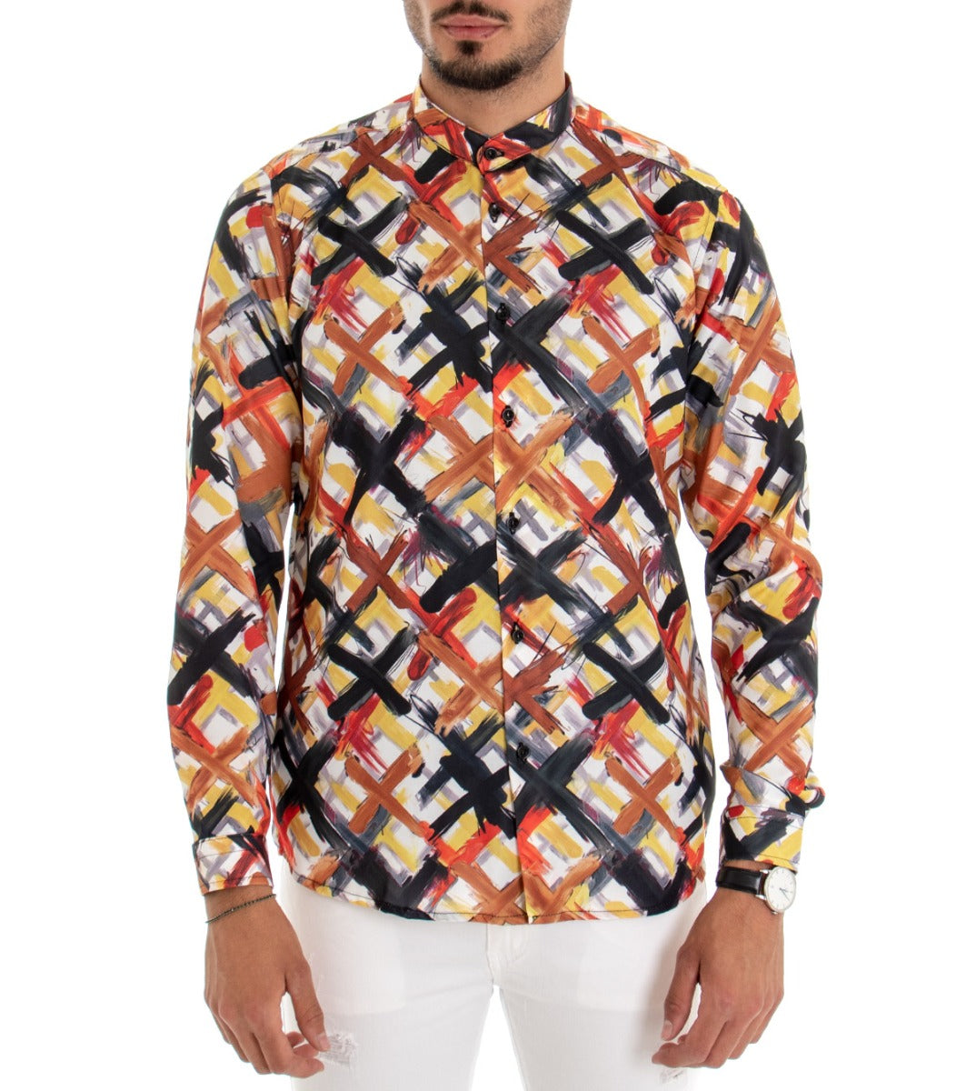 Camicia Uomo Collo Coreano Manica Lunga Cotone Viscosa Multicolore GIOSAL-C1674A