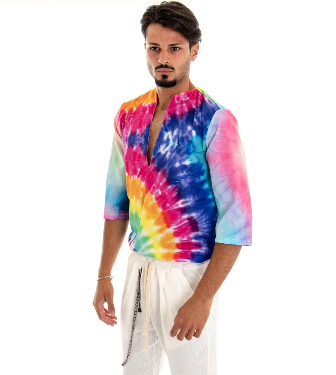 Camicia Uomo Caftano Casacca Fantasia Tie Dye Multicolore Over Tessuto Leggero Viscosa GIOSAL-C1716A