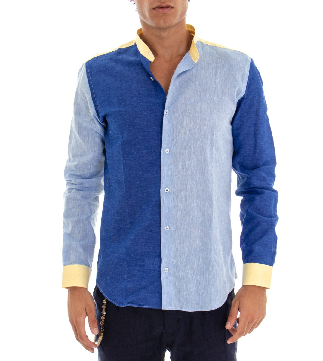 Camicia Uomo Collo Coreano Manica Lunga Blu Regular Fit Melangiata Lino GIOSAL-C1727A