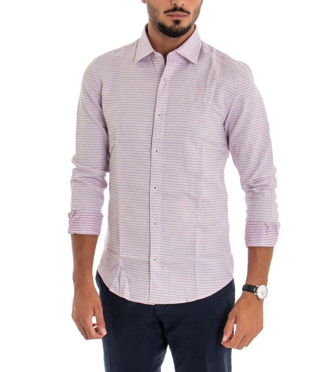 Camicia Uomo Con Colletto Manica Lunga Slim Fit Casual Cotone Fantasia Bianco GIOSAL-C1803A