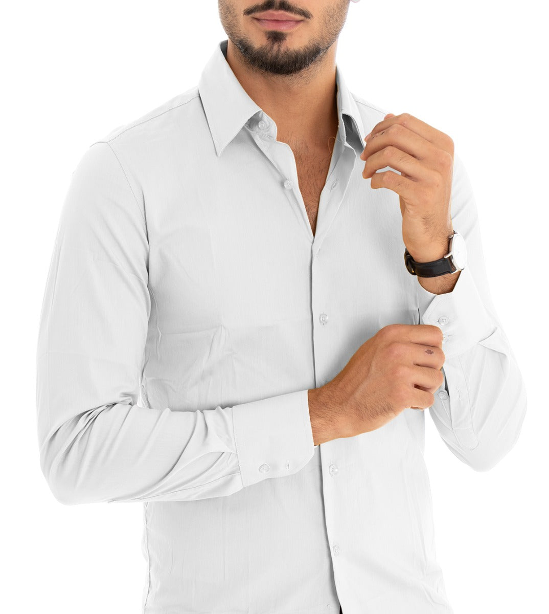 Camicia Uomo Con Colletto Manica Lunga Slim Fit Basic Casual Cotone Bianco GIOSAL-C1811A