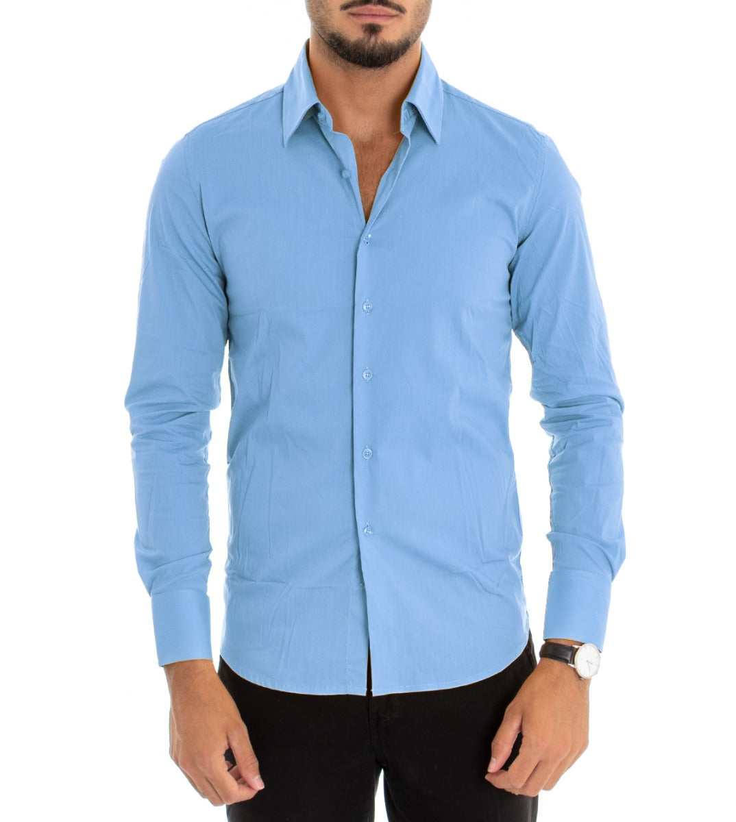 Camicia Uomo Colletto Francese Slim Fit Basic Casual Cotone Azzurro C1812A