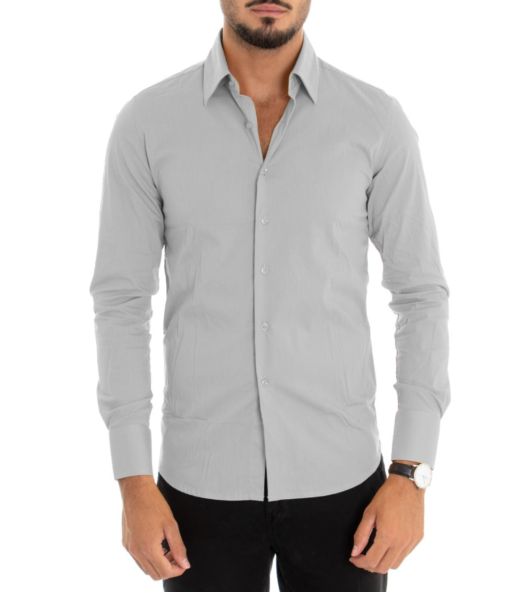 Camicia Uomo Con Colletto Manica Lunga Slim Fit Basic Casual Cotone Grigio GIOSAL-C1813A