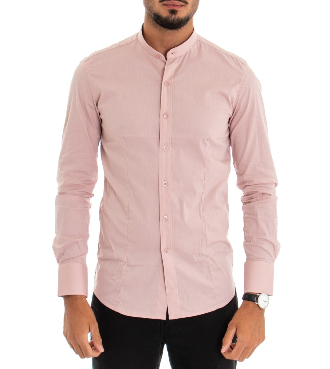 Camicia Uomo Collo Coreano Slim Fit Basic Casual Cotone Rosa C1817A