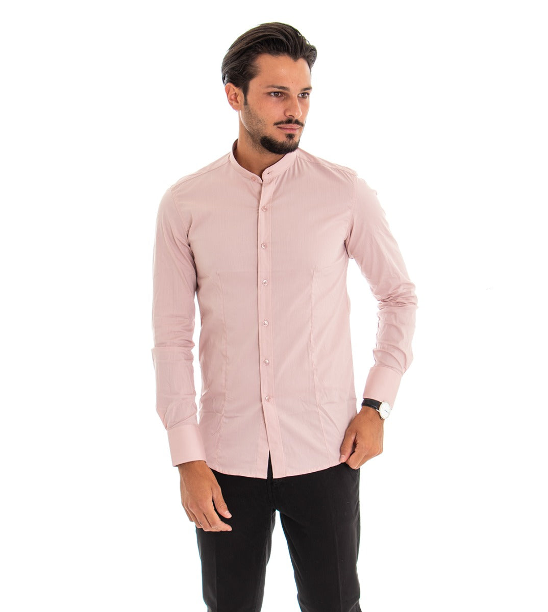 Camicia Uomo Collo Coreano Slim Fit Basic Casual Cotone Rosa C1817A