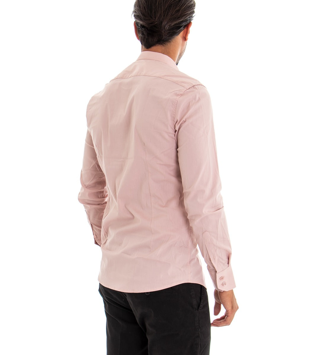 Camicia Uomo Collo Coreano Slim Fit Basic Casual Cotone Rosa C1817A