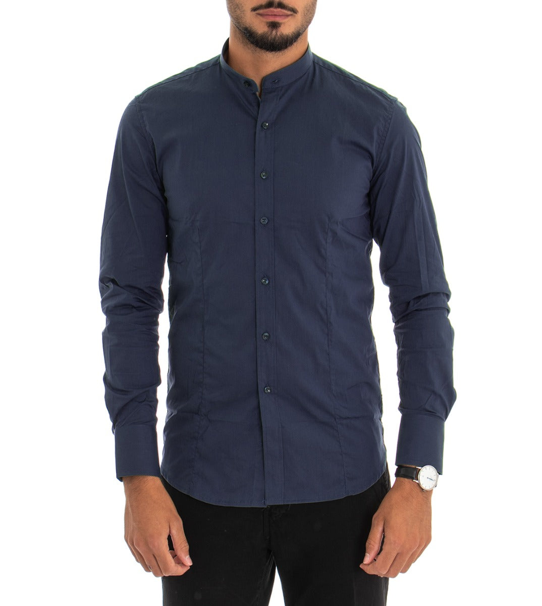 Camicia Uomo Collo Coreano Slim Fit Basic Casual Cotone Blu C1819A