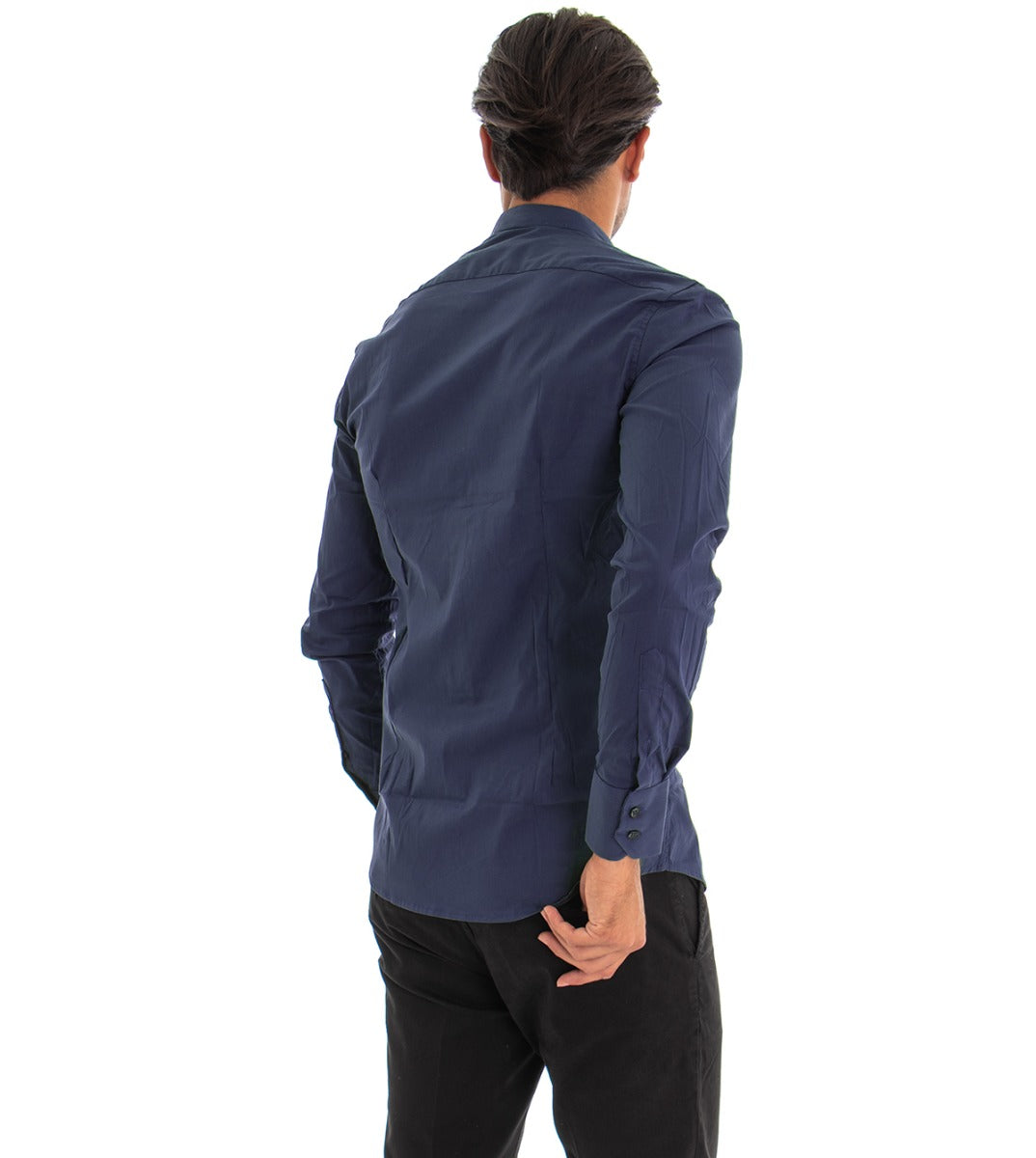 Camicia Uomo Collo Coreano Slim Fit Basic Casual Cotone Blu C1819A