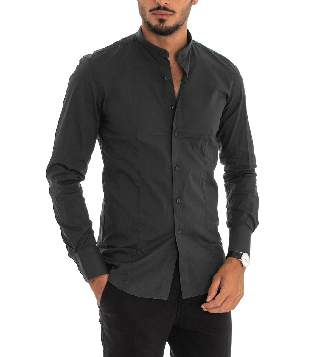 Camicia Uomo Collo Coreano Slim Fit Basic Casual Cotone Nero C1820A