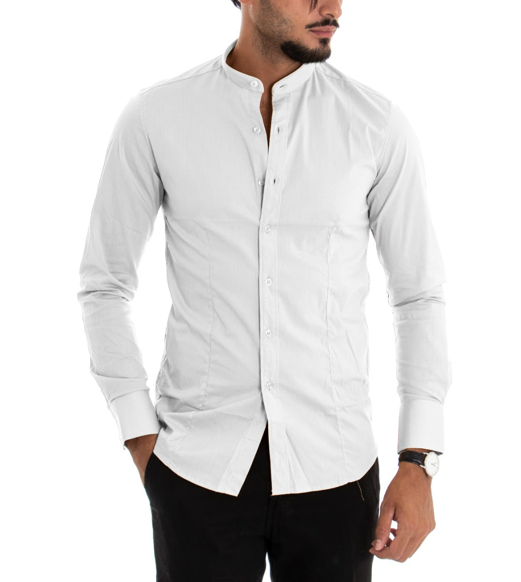Camicia Uomo Collo Coreano Slim Fit Basic Casual Cotone Bianco C1821A