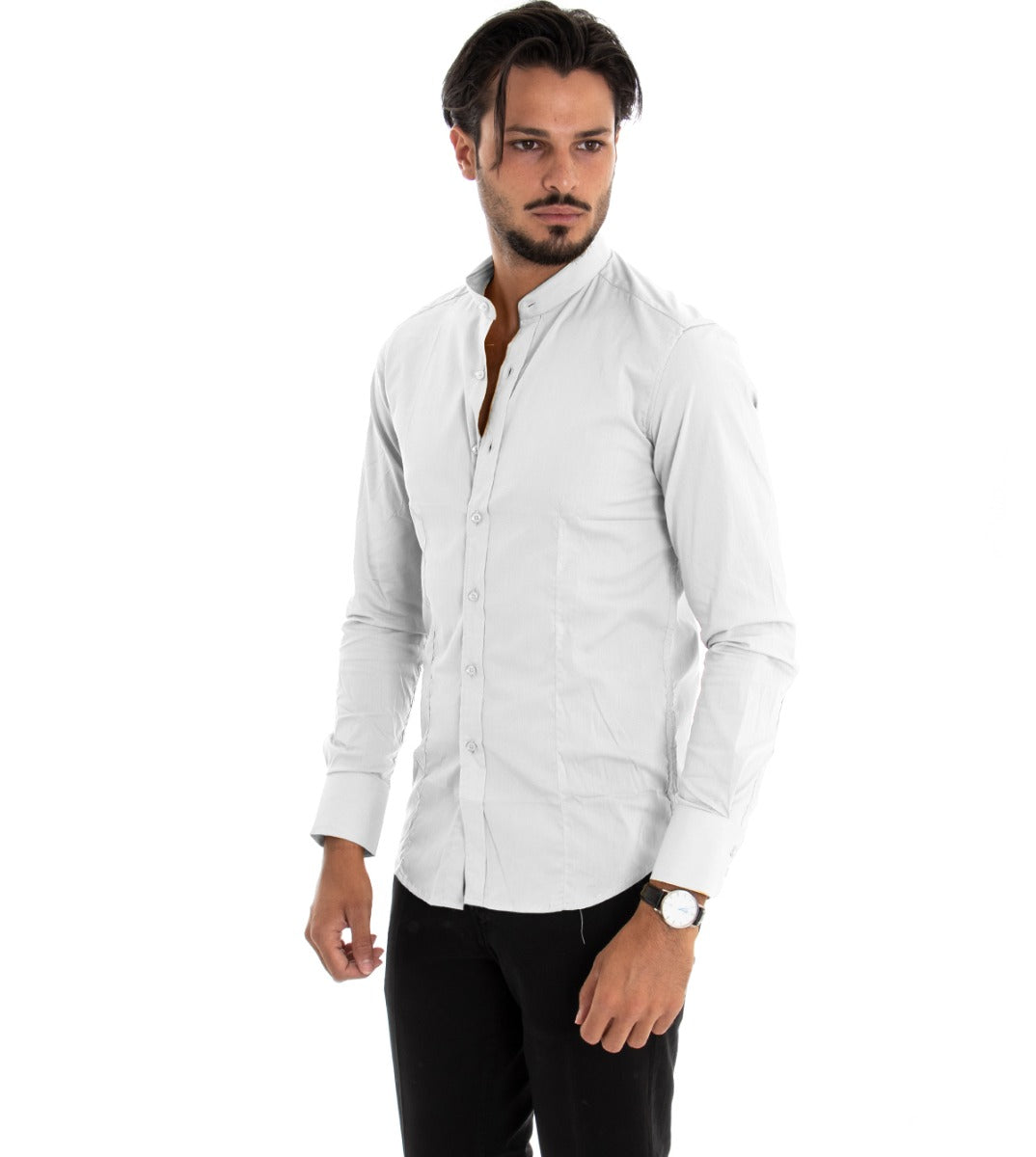 Camicia Uomo Collo Coreano Slim Fit Basic Casual Cotone Bianco C1821A