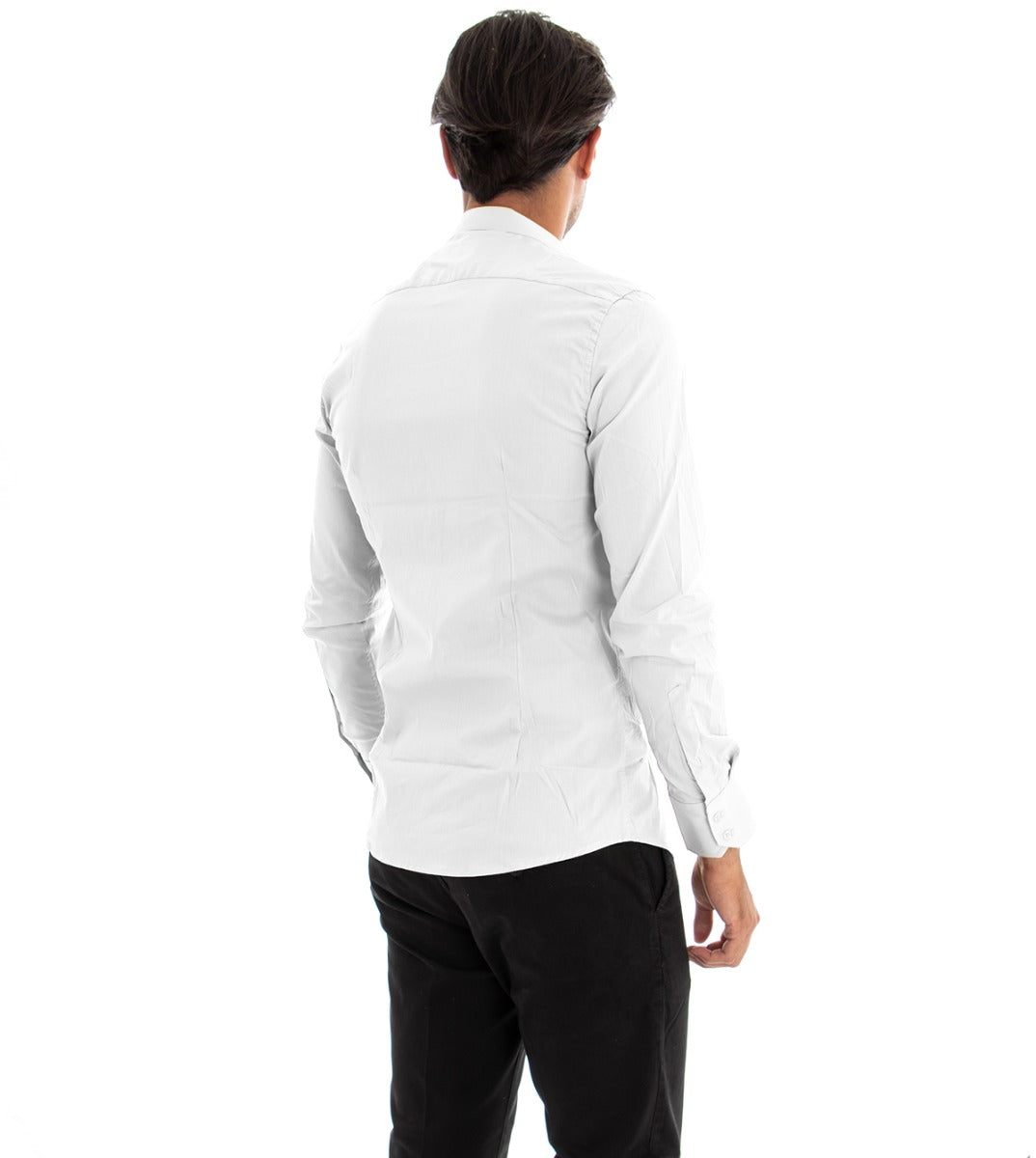 Camicia Uomo Collo Coreano Slim Fit Basic Casual Cotone Bianco C1821A