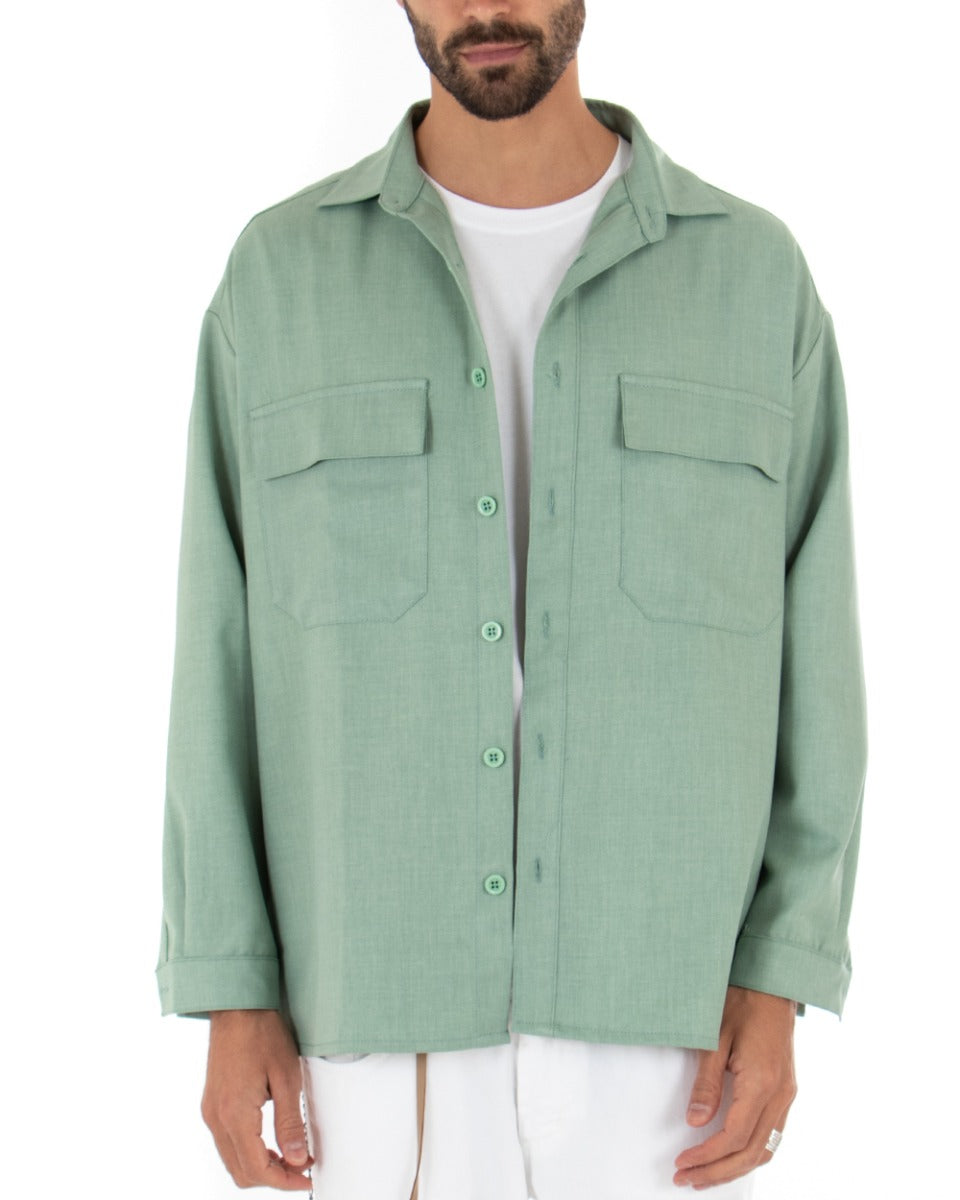 Camicia Uomo Con Colletto Manica Lunga Casual Oversize Cotone Verde GIOSAL-C1858A