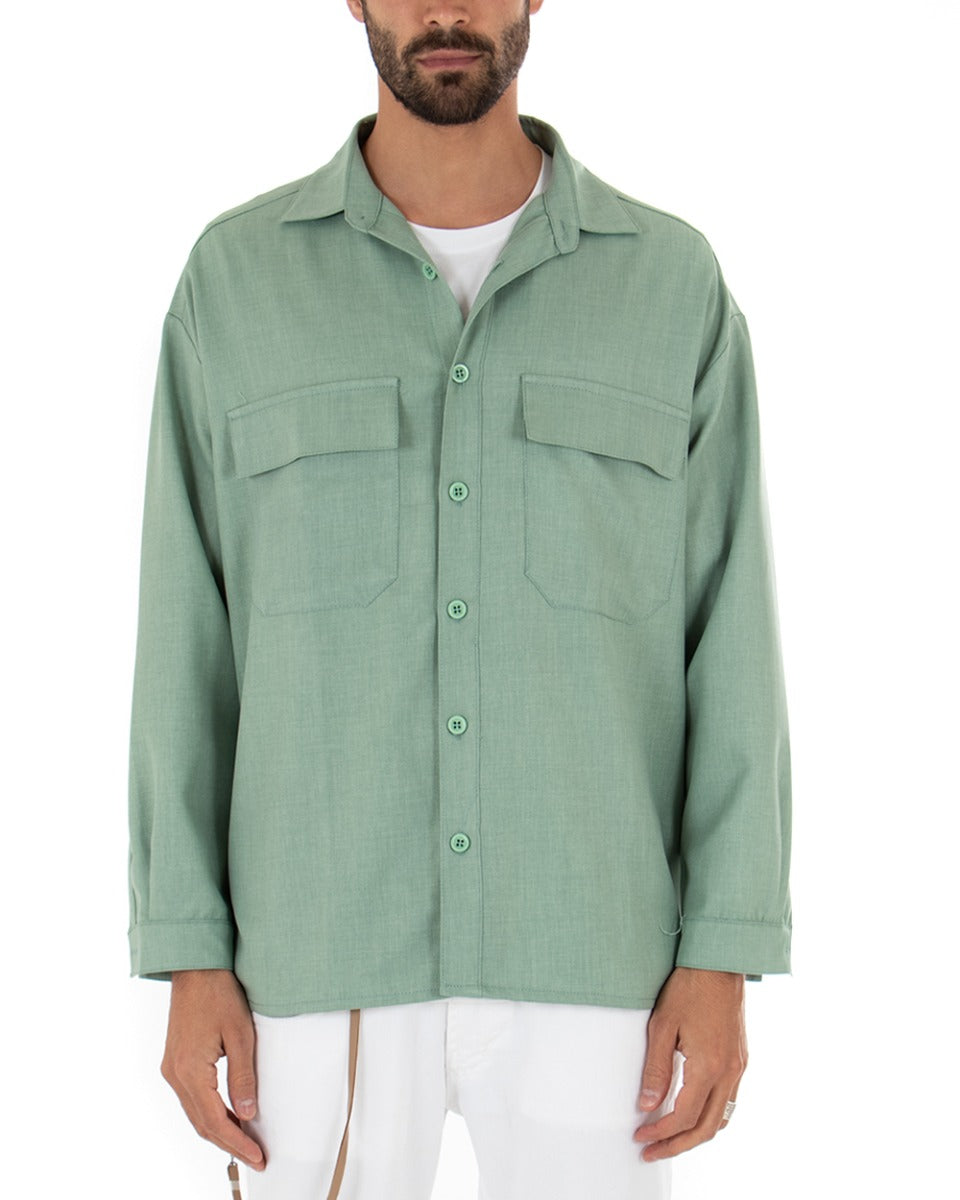 Camicia Uomo Con Colletto Manica Lunga Casual Oversize Cotone Verde GIOSAL-C1858A