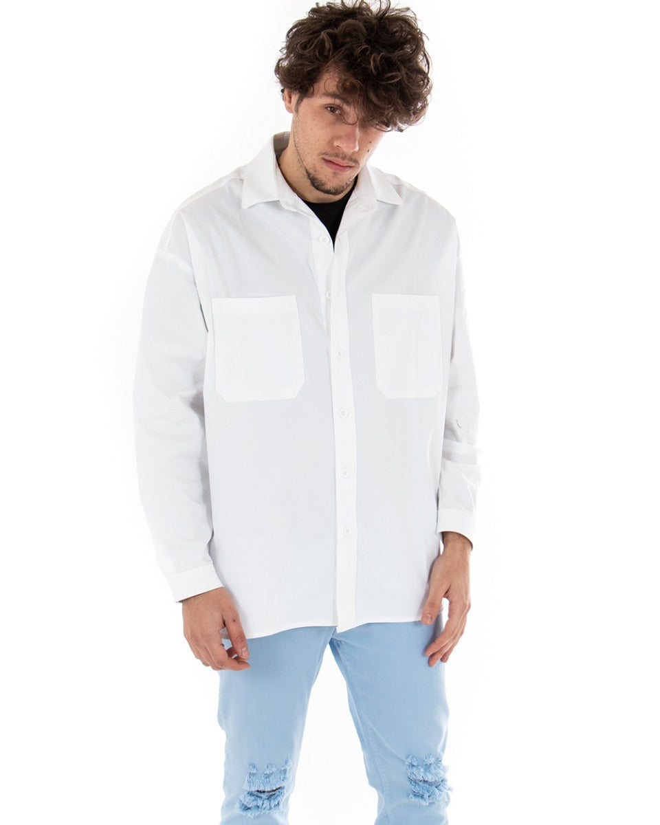 Camicia Uomo Con Colletto Manica Lunga Casual Cotone Bianco GIOSAL-C1868A