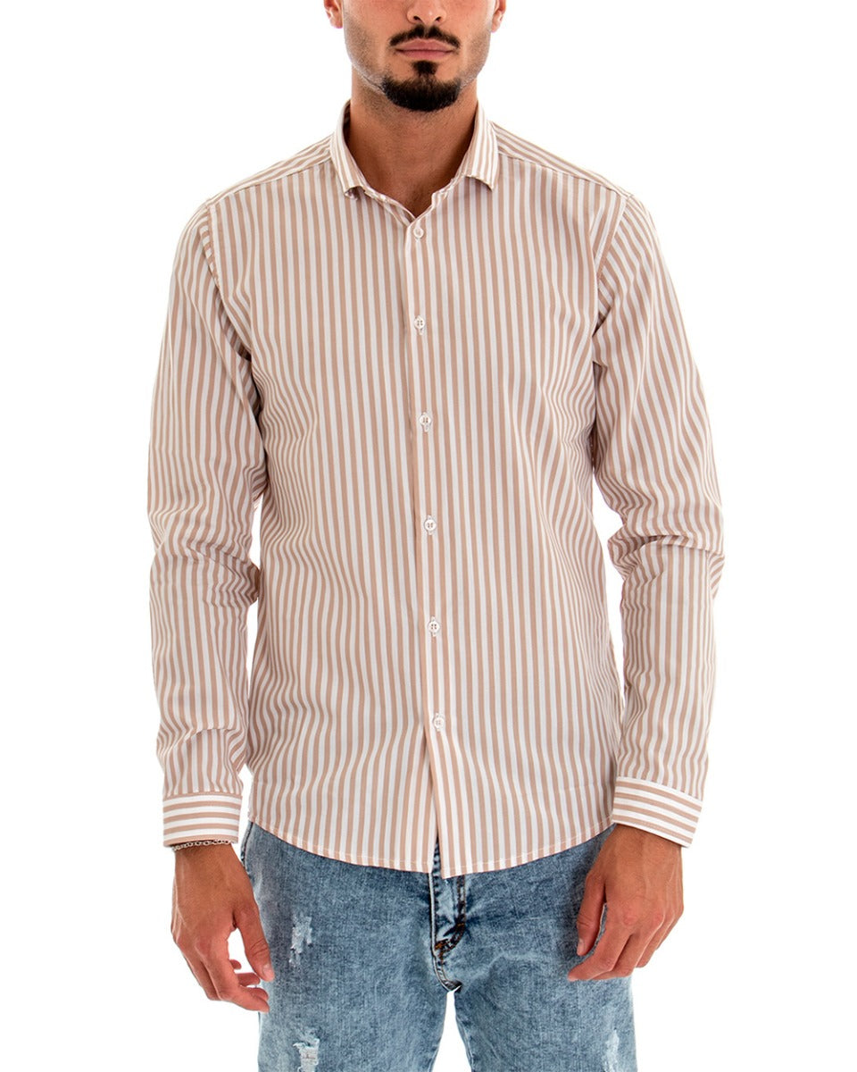 Camicia Uomo Con Colletto Manica Lunga Cotone Beige Rigata GIOSAL-C1873A