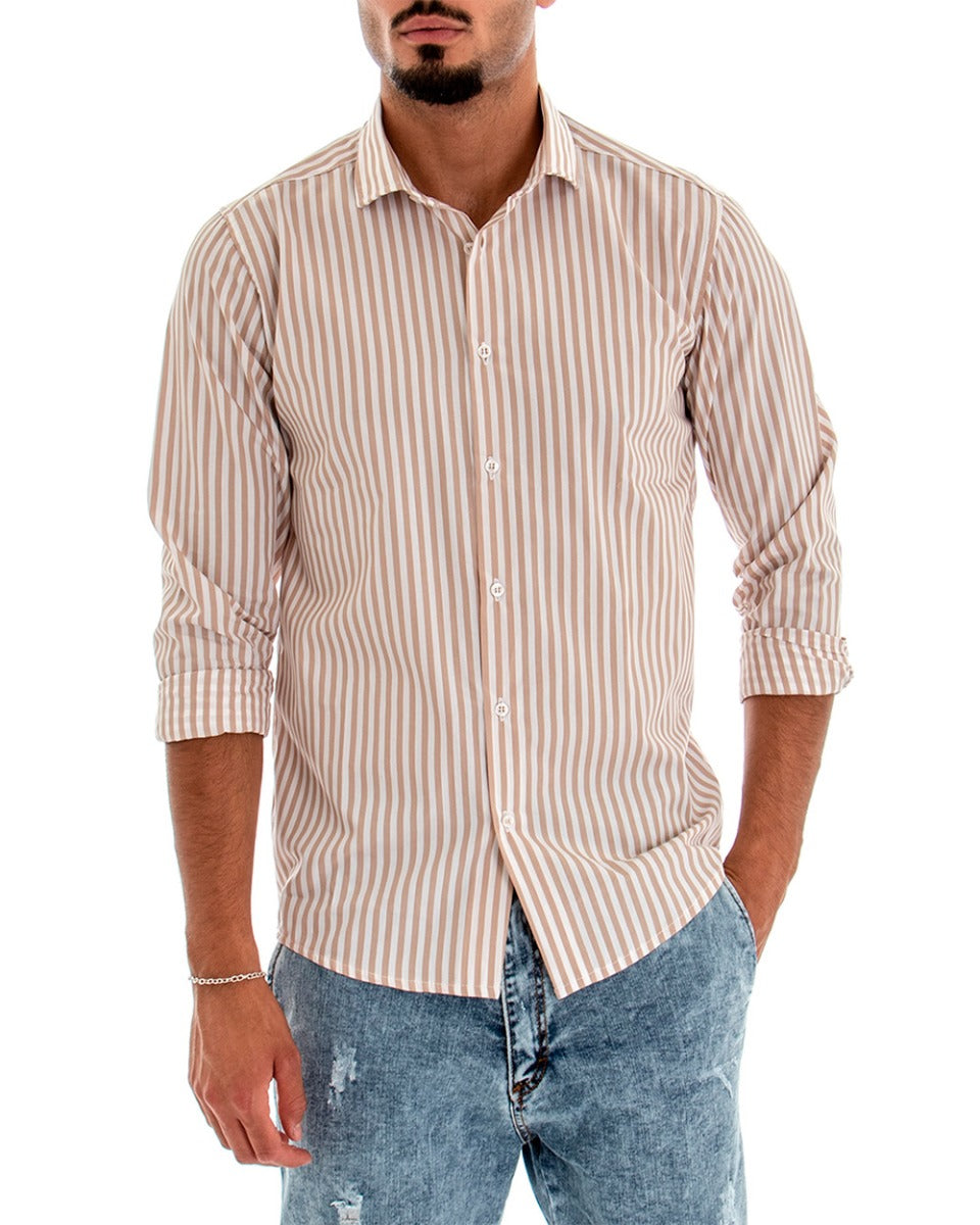 Camicia Uomo Con Colletto Manica Lunga Cotone Beige Rigata GIOSAL-C1873A