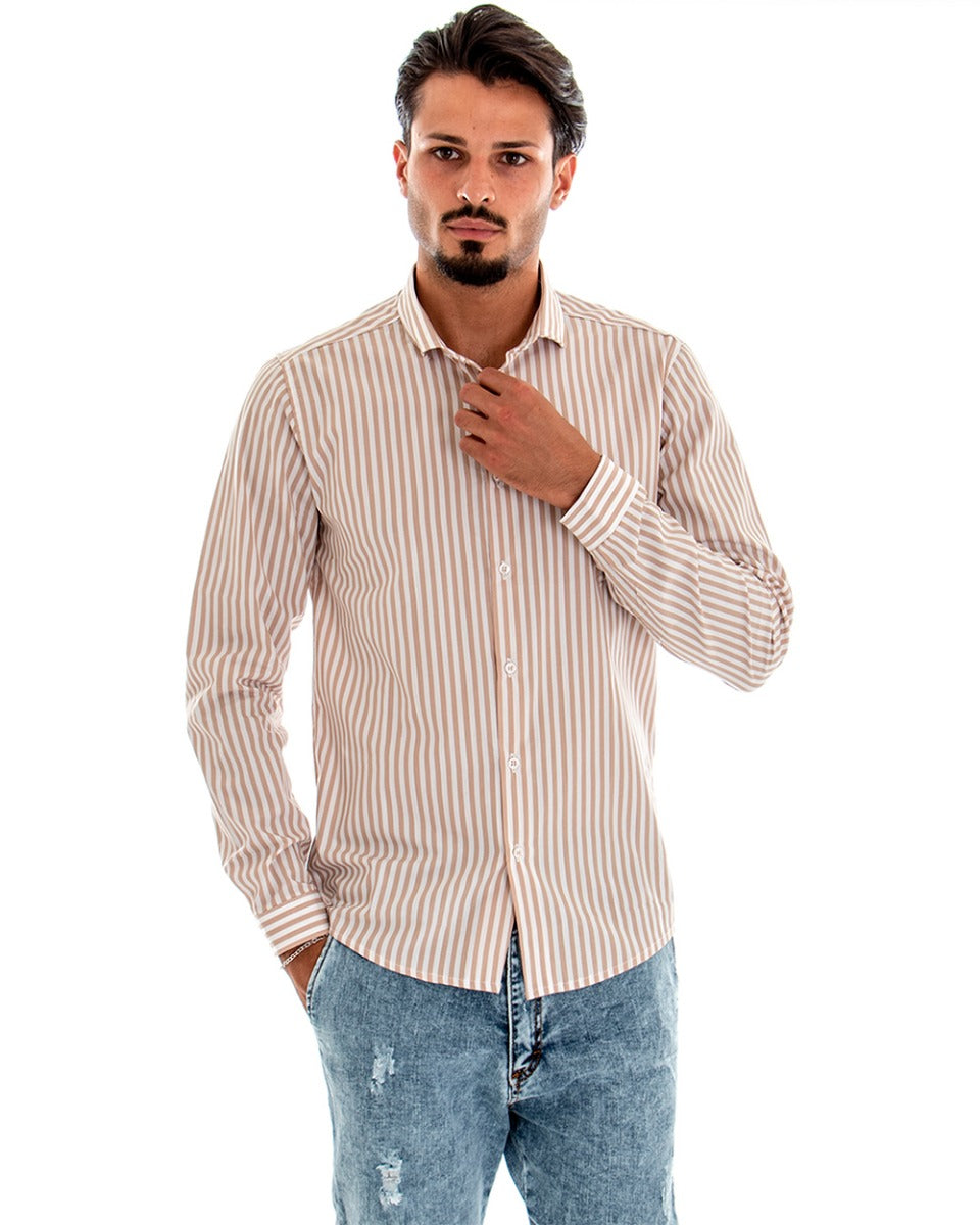 Camicia Uomo Con Colletto Manica Lunga Cotone Beige Rigata GIOSAL-C1873A