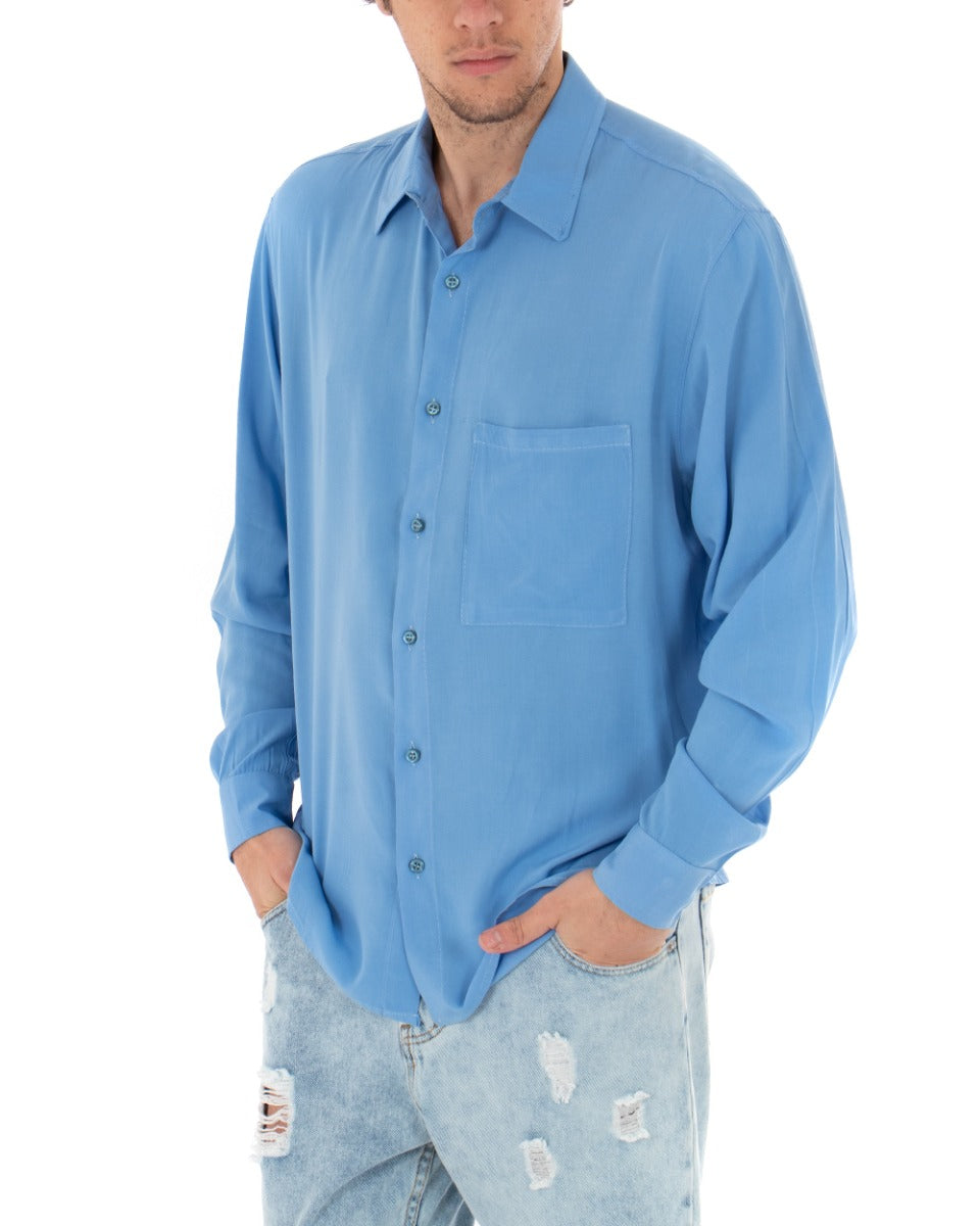 Camicia Uomo Con Colletto Manica Lunga Viscosa Azzurro Oversize Tinta Unita GIOSAL-C1911A