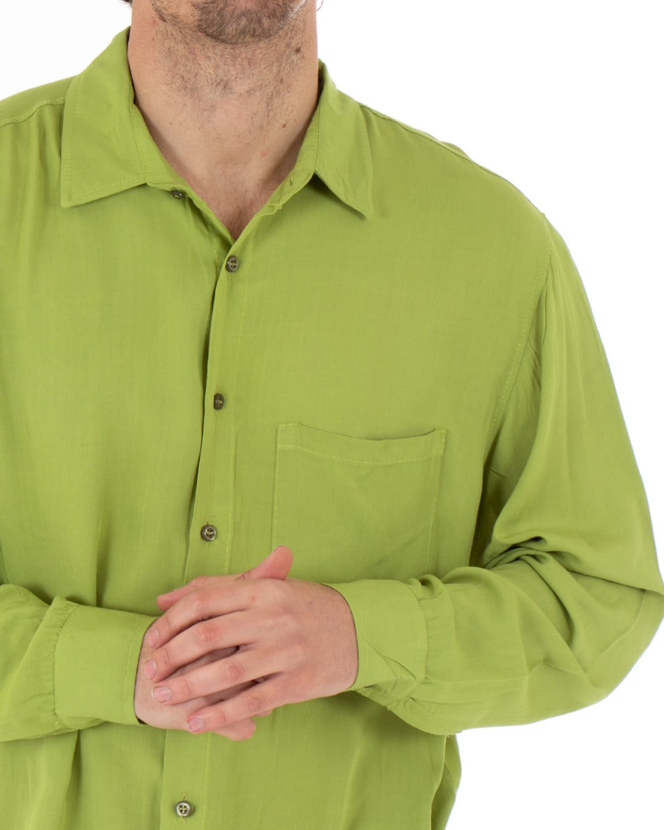 Camicia Uomo Con Colletto Manica Lunga Viscosa Verde Oversize Tinta Unita GIOSAL-C1913A