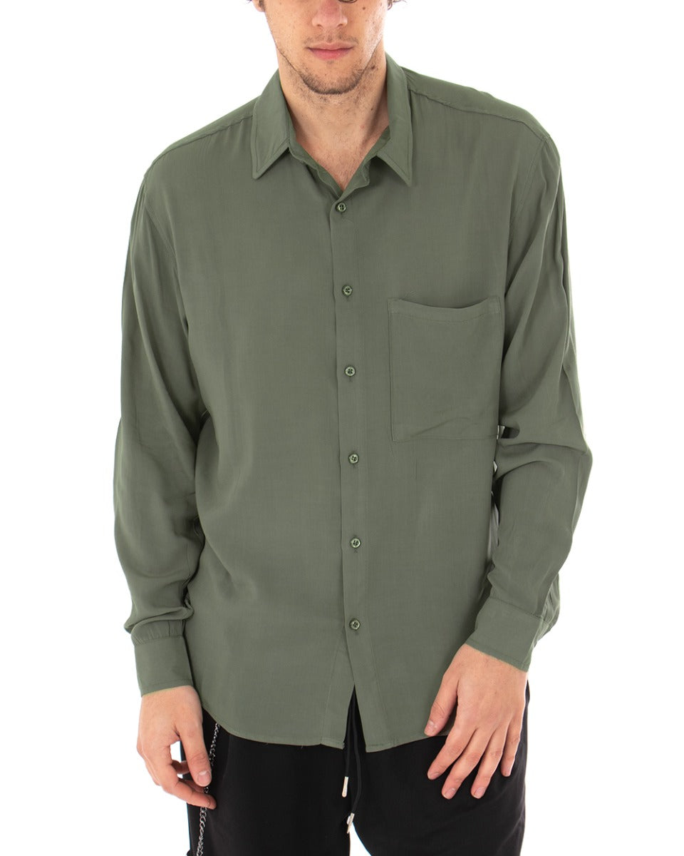 Camicia Uomo Con Colletto Manica Lunga Viscosa Verde Militare Oversize GIOSAL-C1914A