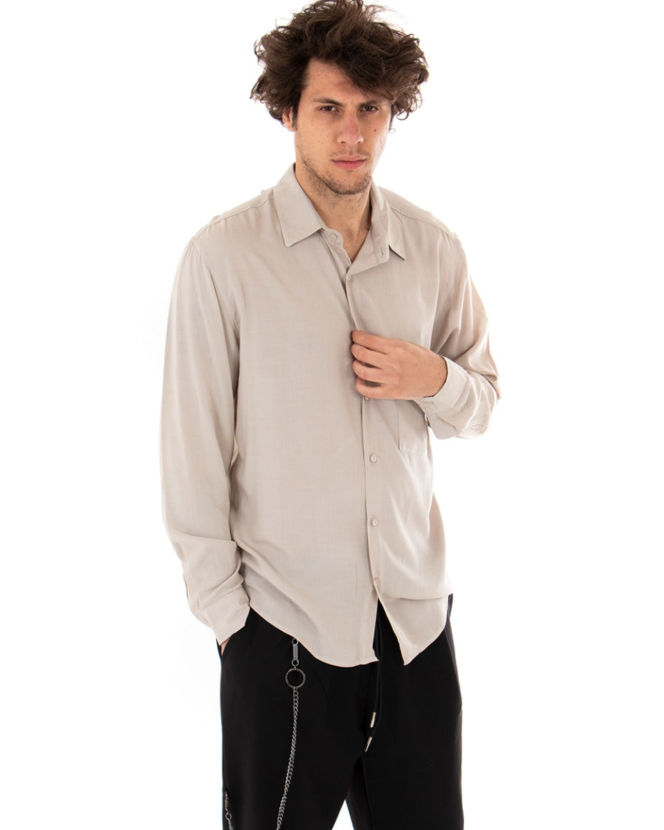 Camicia Uomo Con Colletto Manica Lunga Viscosa Beige Oversize Tinta Unita GIOSAL-C1915A