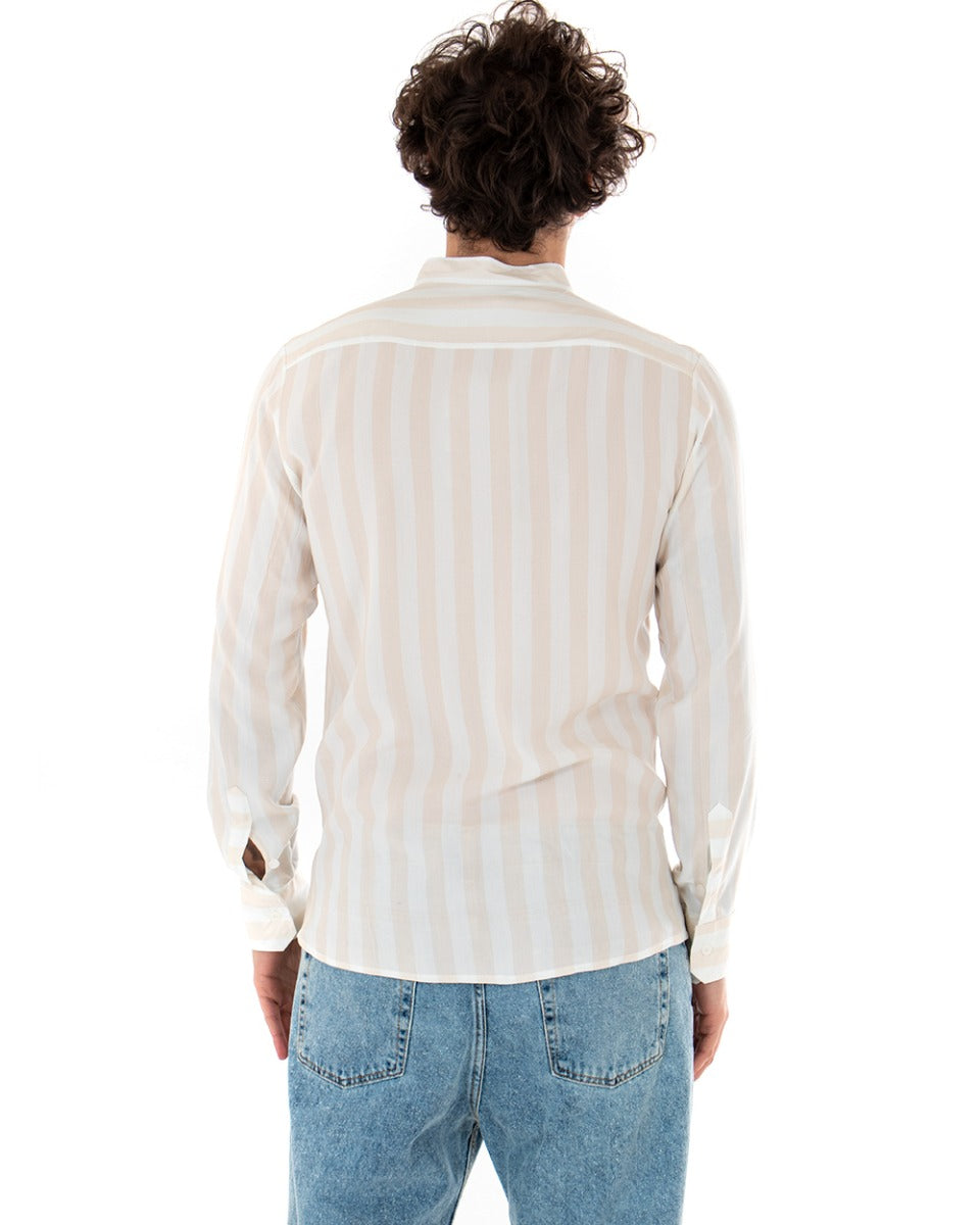 Camicia Uomo Collo Coreano Manica Lunga Viscosa Fantasia a Righe Beige GIOSAL-C1919A