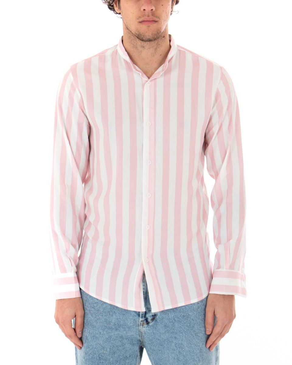 Camicia Uomo Collo Coreano Manica Lunga Viscosa Fantasia a Righe Rosa GIOSAL-C1921A