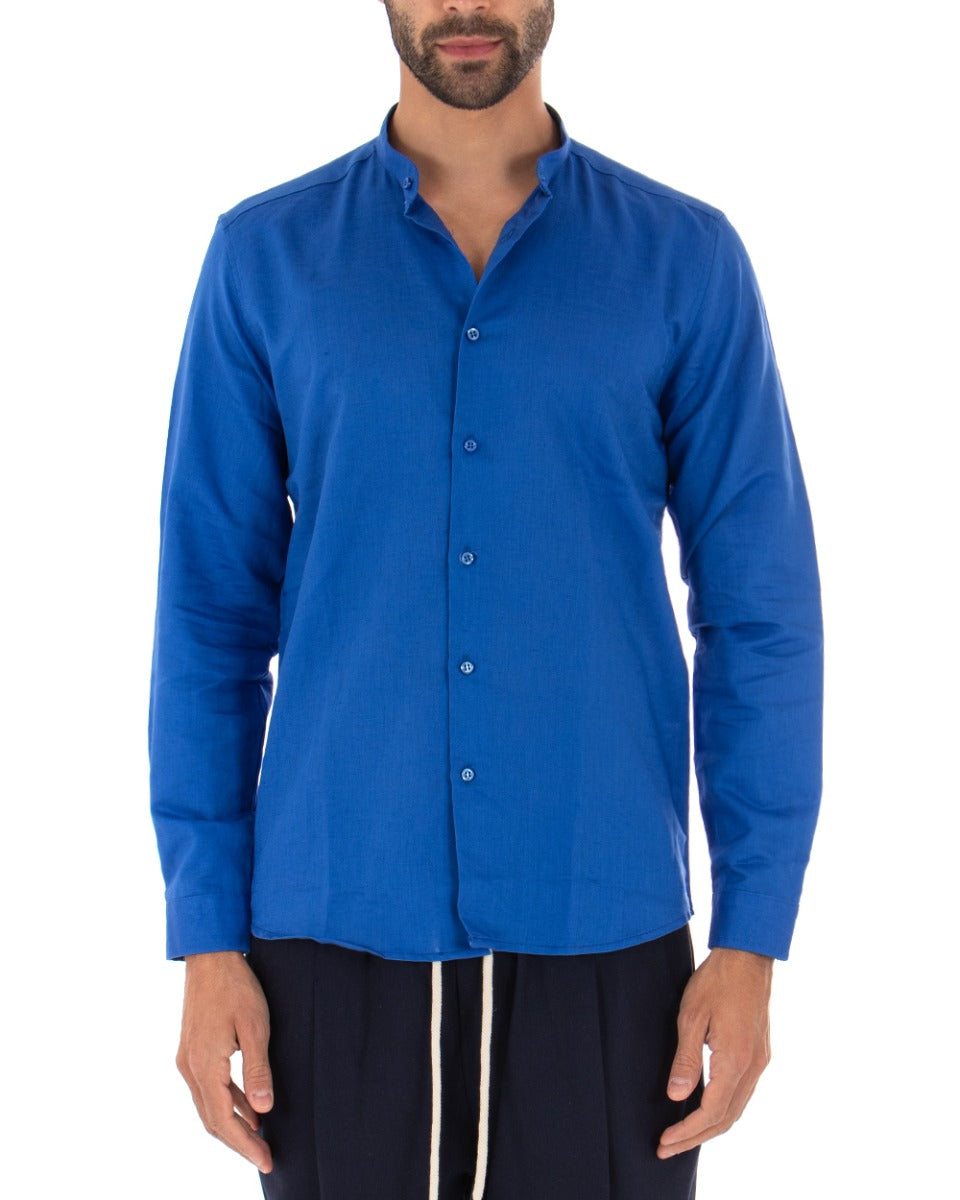 Camicia Uomo Collo Coreano Manica Lunga Lino Tinta Unita Sartoriale Blu Royal GIOSAL-C1938A