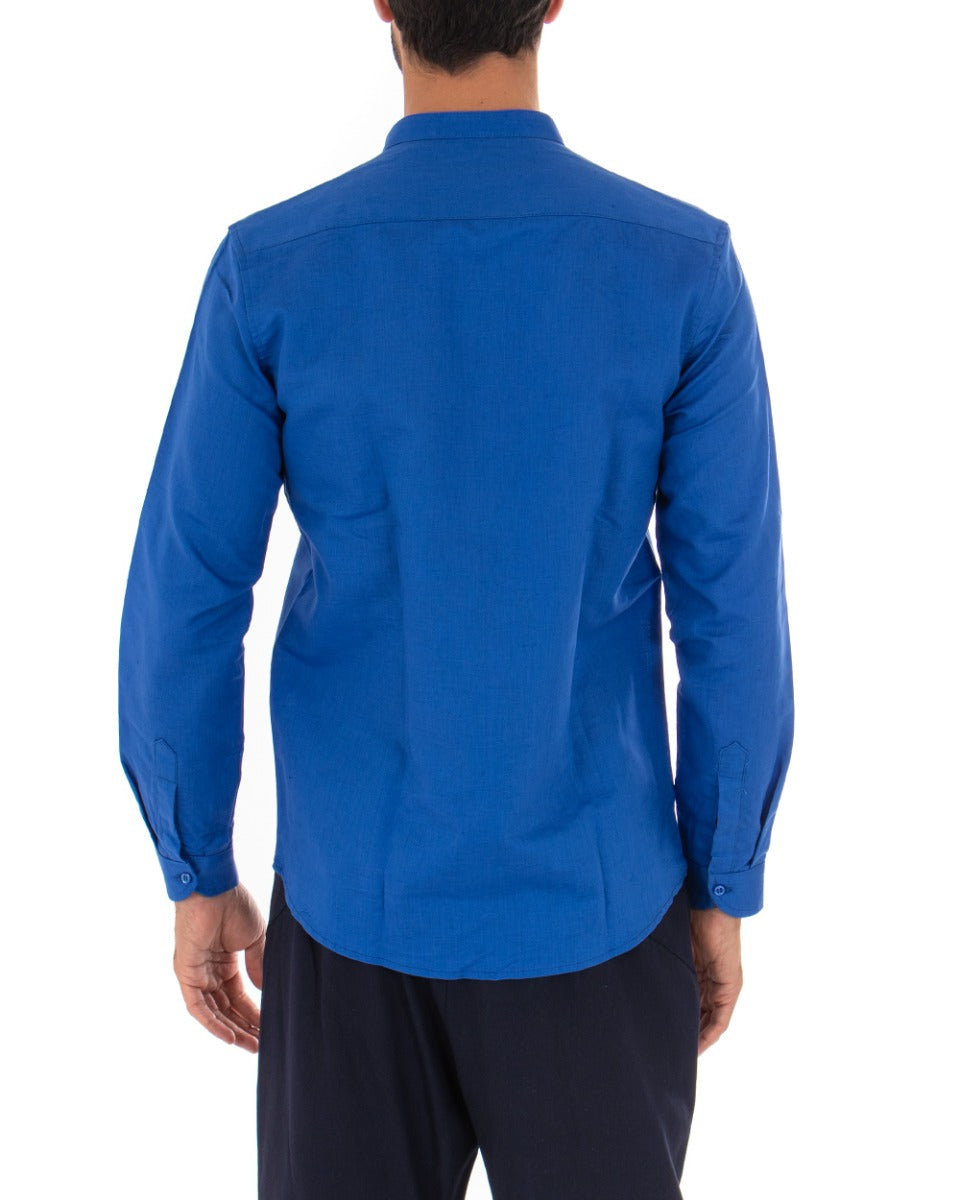 Camicia Uomo Collo Coreano Manica Lunga Lino Tinta Unita Sartoriale Blu Royal GIOSAL-C1938A