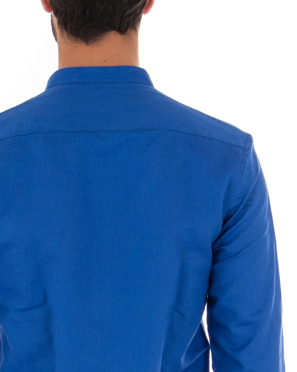 Camicia Uomo Collo Coreano Manica Lunga Lino Tinta Unita Sartoriale Blu Royal GIOSAL-C1938A