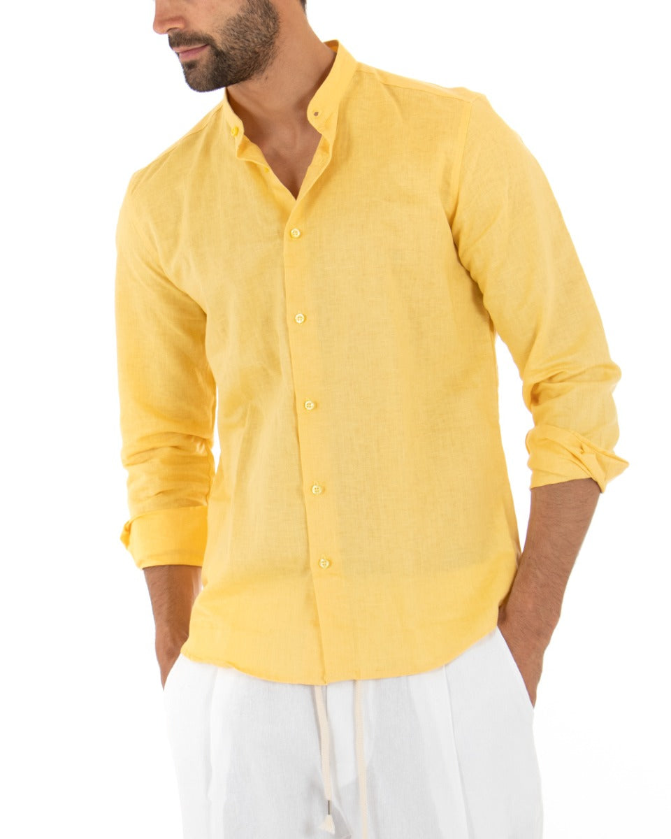 Camicia Uomo Collo Coreano Manica Lunga Lino Tinta Unita Sartoriale Giallo GIOSAL-C1942A