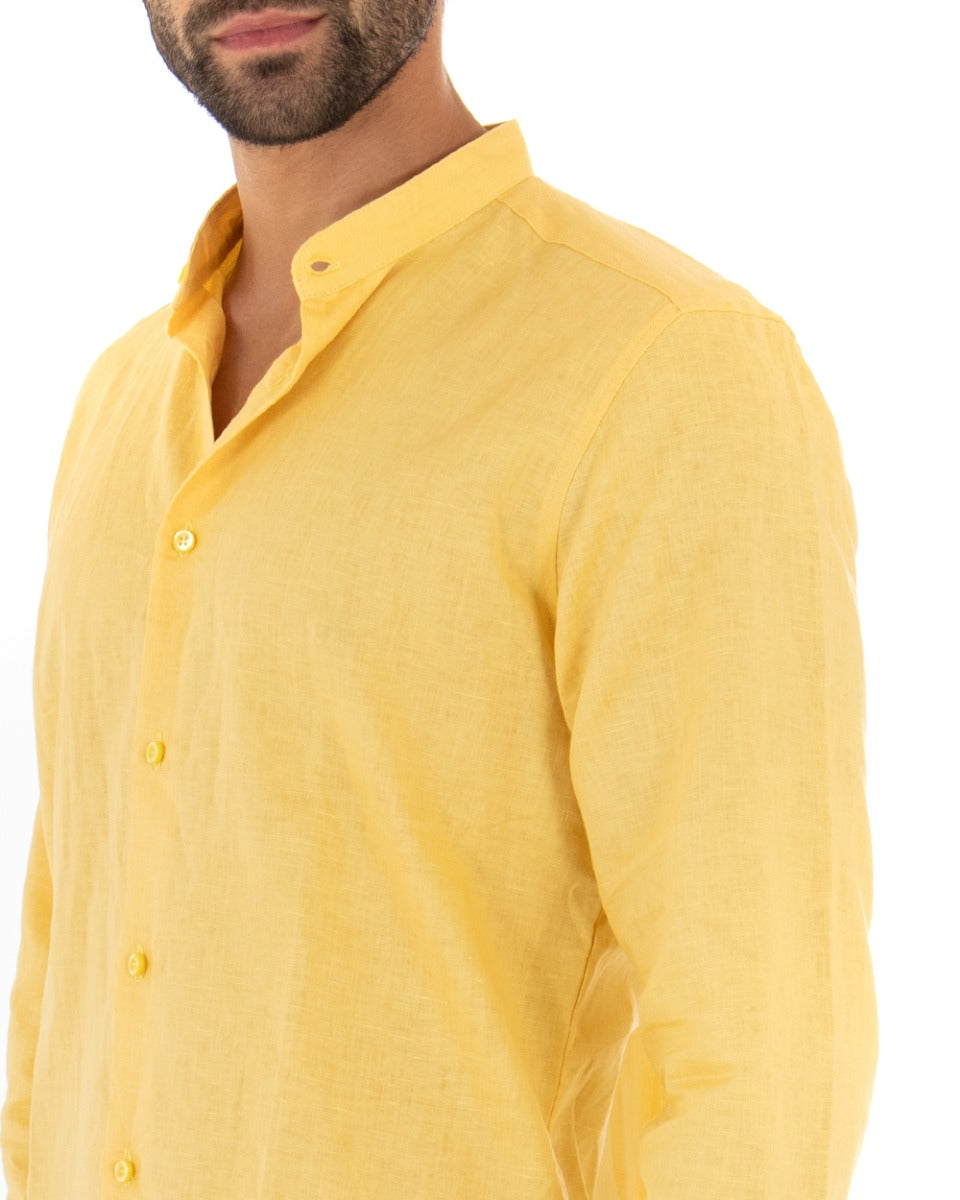 Camicia Uomo Collo Coreano Manica Lunga Lino Tinta Unita Sartoriale Giallo GIOSAL-C1942A