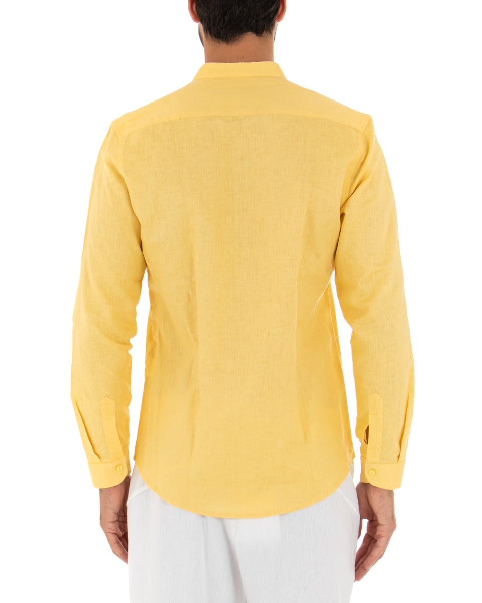 Camicia Uomo Collo Coreano Manica Lunga Lino Tinta Unita Sartoriale Giallo GIOSAL-C1942A