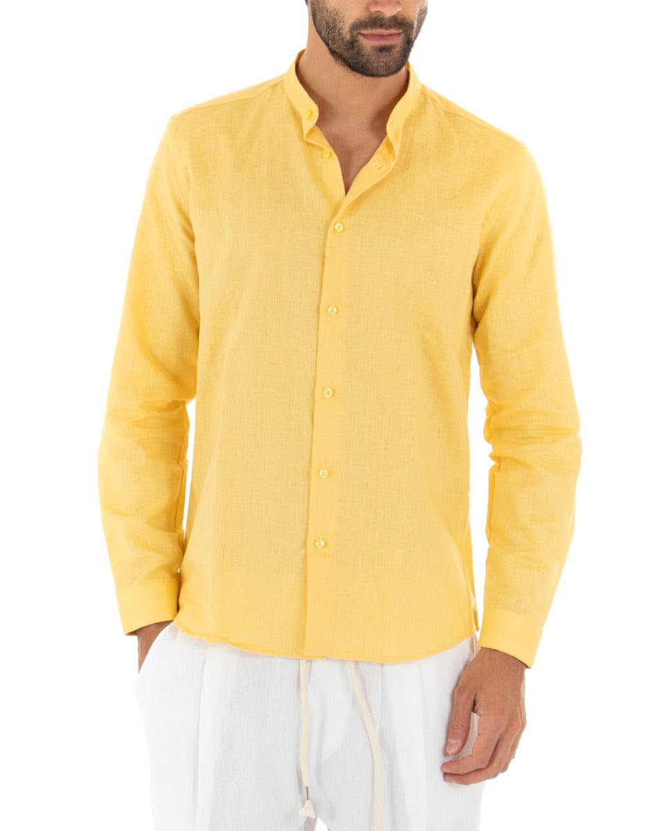 Camicia Uomo Collo Coreano Manica Lunga Lino Tinta Unita Sartoriale Giallo GIOSAL-C1942A