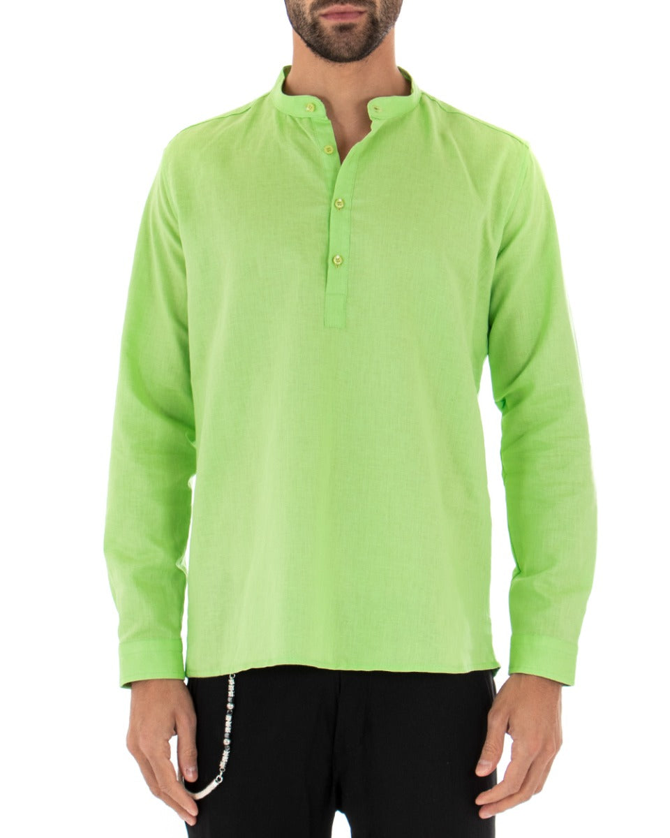 Camicia Uomo Serafino Casacca Manica Lunga Lino Tinta Unita Sartoriale Verde Acido GIOSAL-C1967A