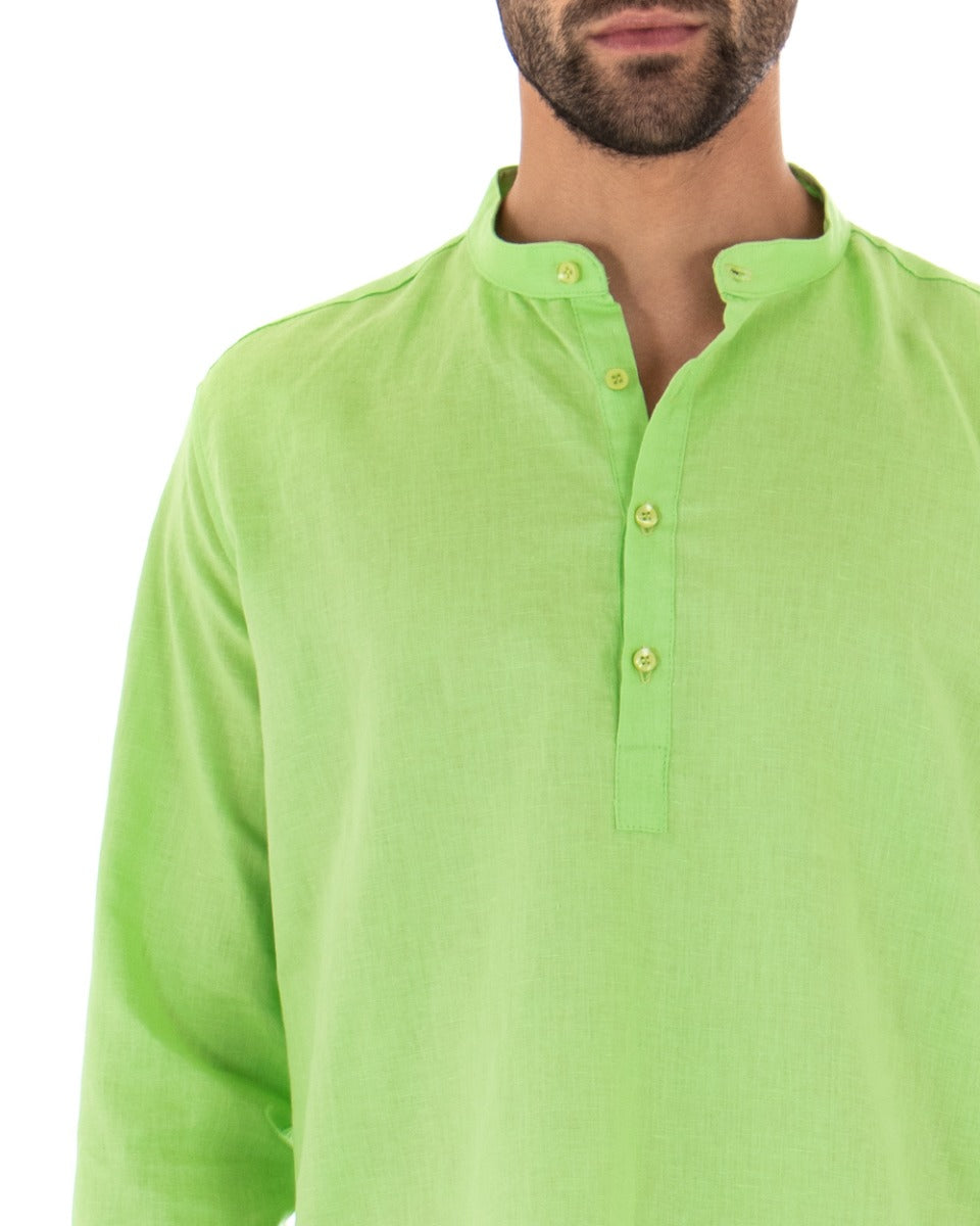 Camicia Uomo Serafino Casacca Manica Lunga Lino Tinta Unita Sartoriale Verde Acido GIOSAL-C1967A