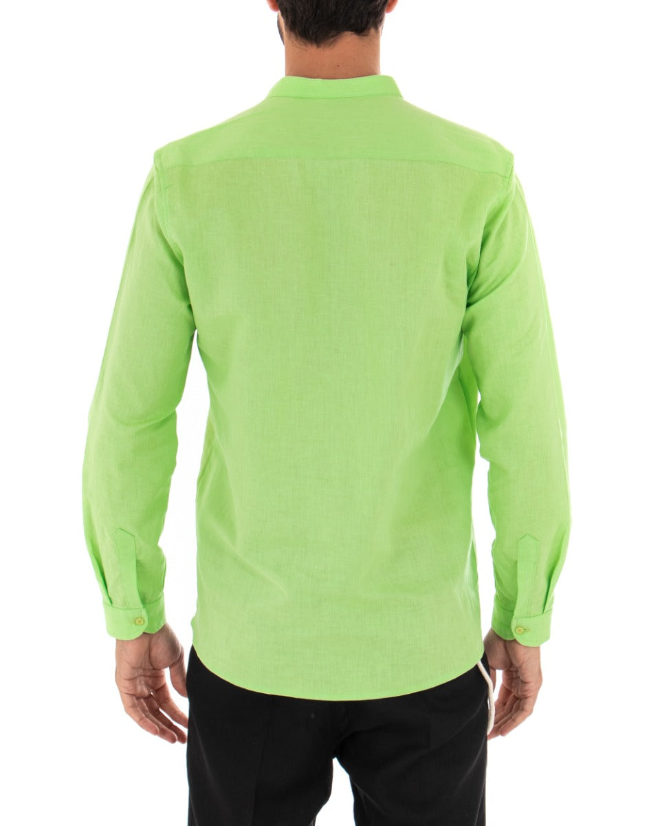 Camicia Uomo Serafino Casacca Manica Lunga Lino Tinta Unita Sartoriale Verde Acido GIOSAL-C1967A