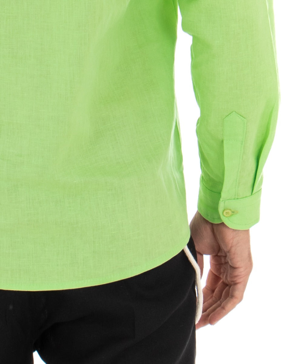 Camicia Uomo Serafino Casacca Manica Lunga Lino Tinta Unita Sartoriale Verde Acido GIOSAL-C1967A