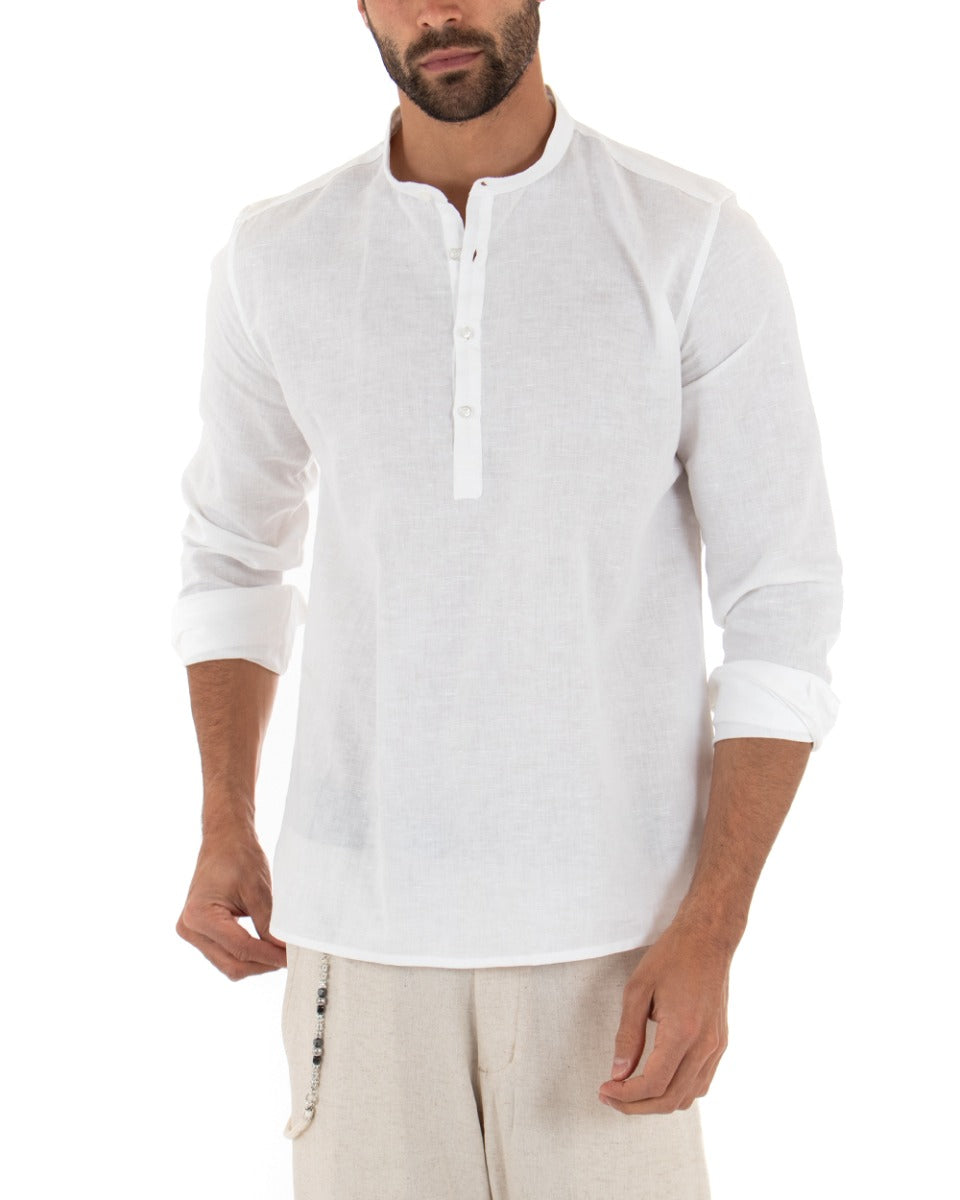 Camicia Uomo Serafino Casacca Manica Lunga Lino Tinta Unita Sartoriale Bianco GIOSAL-C1970A