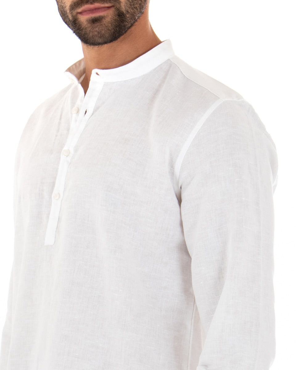 Camicia Uomo Serafino Casacca Manica Lunga Lino Tinta Unita Sartoriale Bianco GIOSAL-C1970A