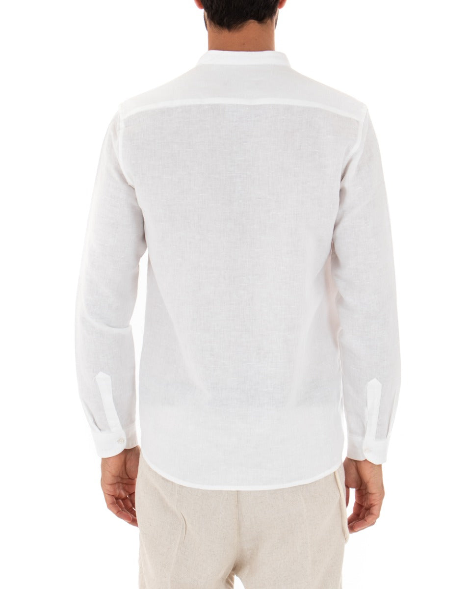 Camicia Uomo Serafino Casacca Manica Lunga Lino Tinta Unita Sartoriale Bianco GIOSAL-C1970A
