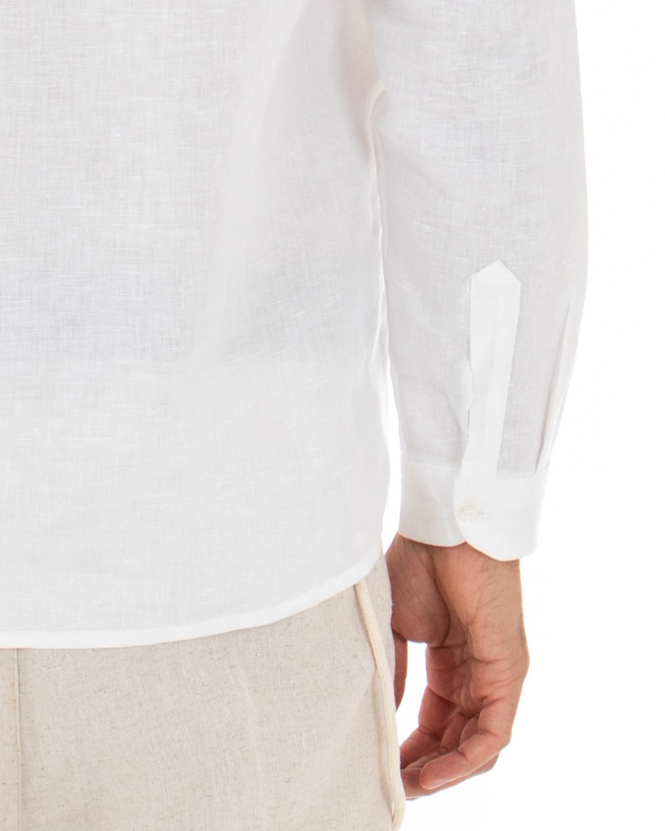 Camicia Uomo Serafino Casacca Manica Lunga Lino Tinta Unita Sartoriale Bianco GIOSAL-C1970A